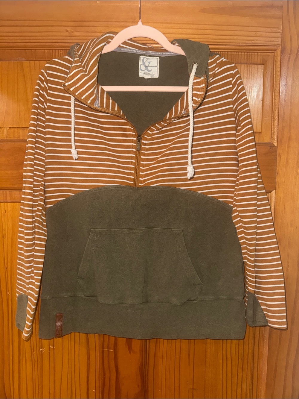 AMPERSAND AVE Striped Rust & Olive Half-Zip Hoodie